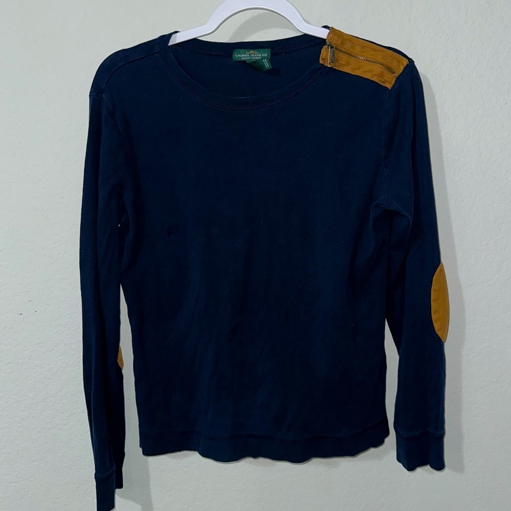 Lauren Ralph Lauren Long Sleeve Top Navy Blue with Brown Elbow‎ Patches LG - Picture 2 of 7